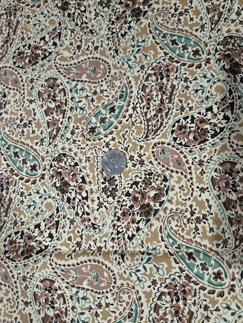 Vintage Paisley Print Beige, Brown & Teal Cotton Fabric By The Yard - Picture 3 of 4